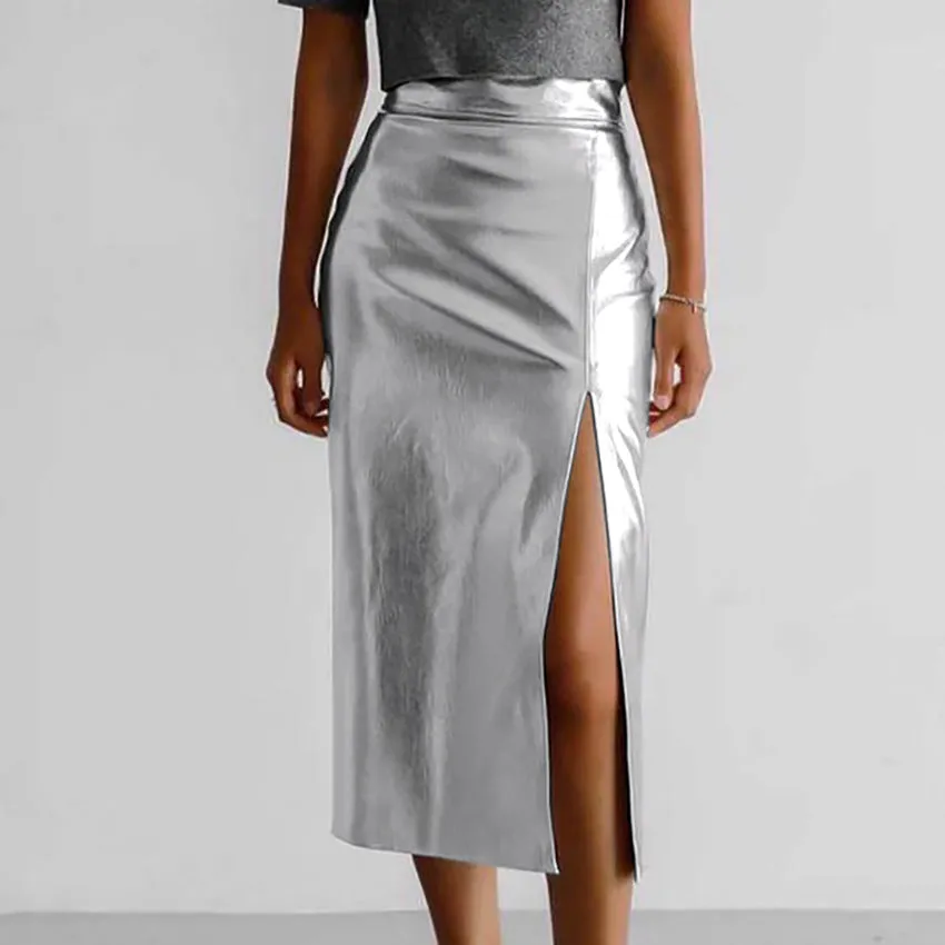 Silver Faux Leather Futuristic High-Waist Slit Bodycon Skirt