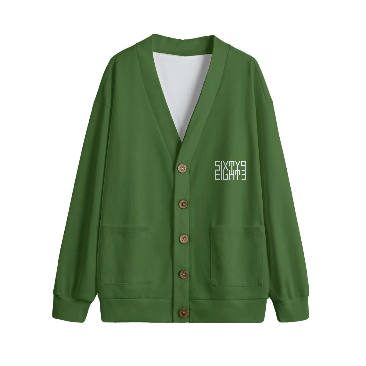 Sixty Eight 93 Logo White Forest Green Unisex V-Neck Knitted Fleece Cardigan