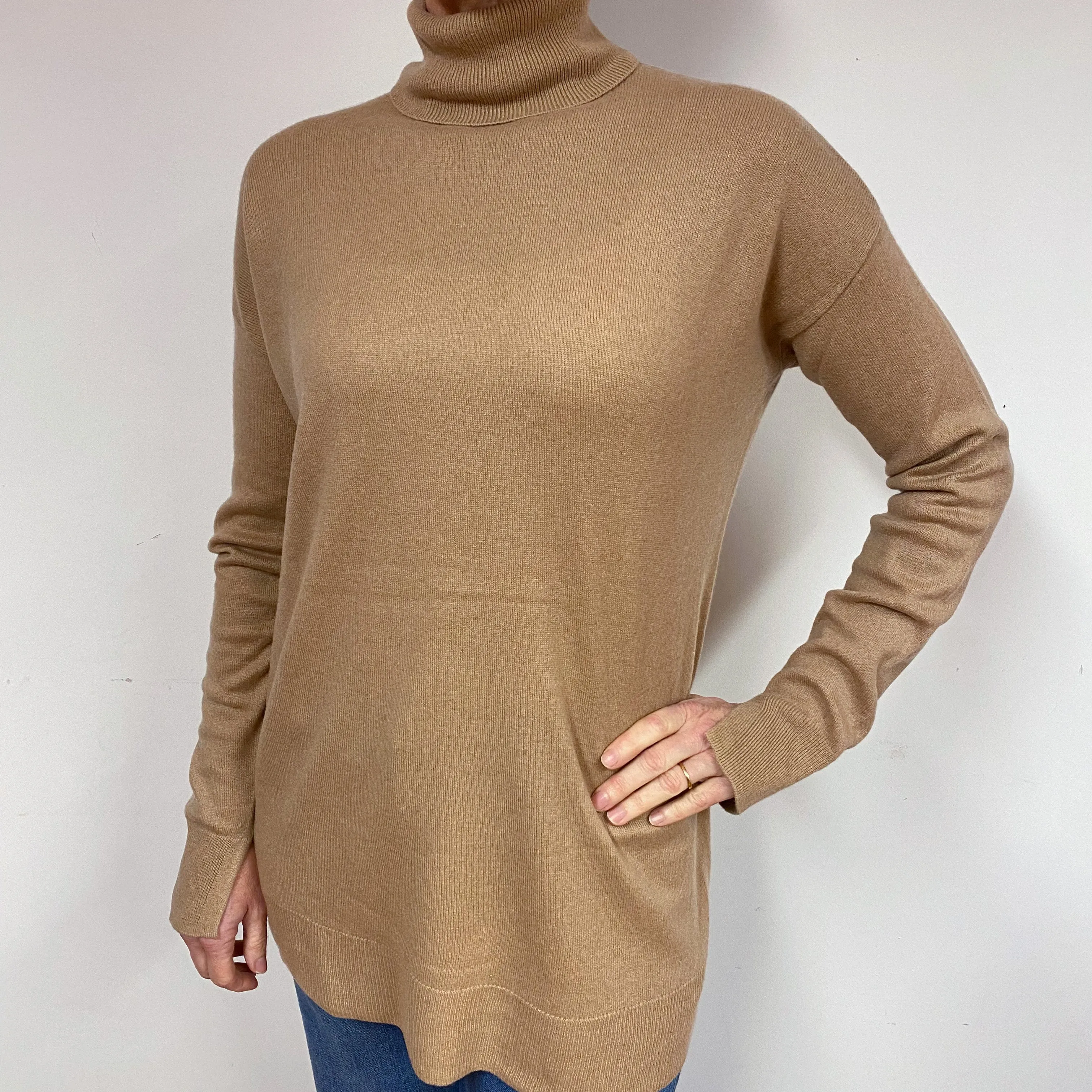 Slouchy Camel Brown Cashmere Polo Neck Jumper