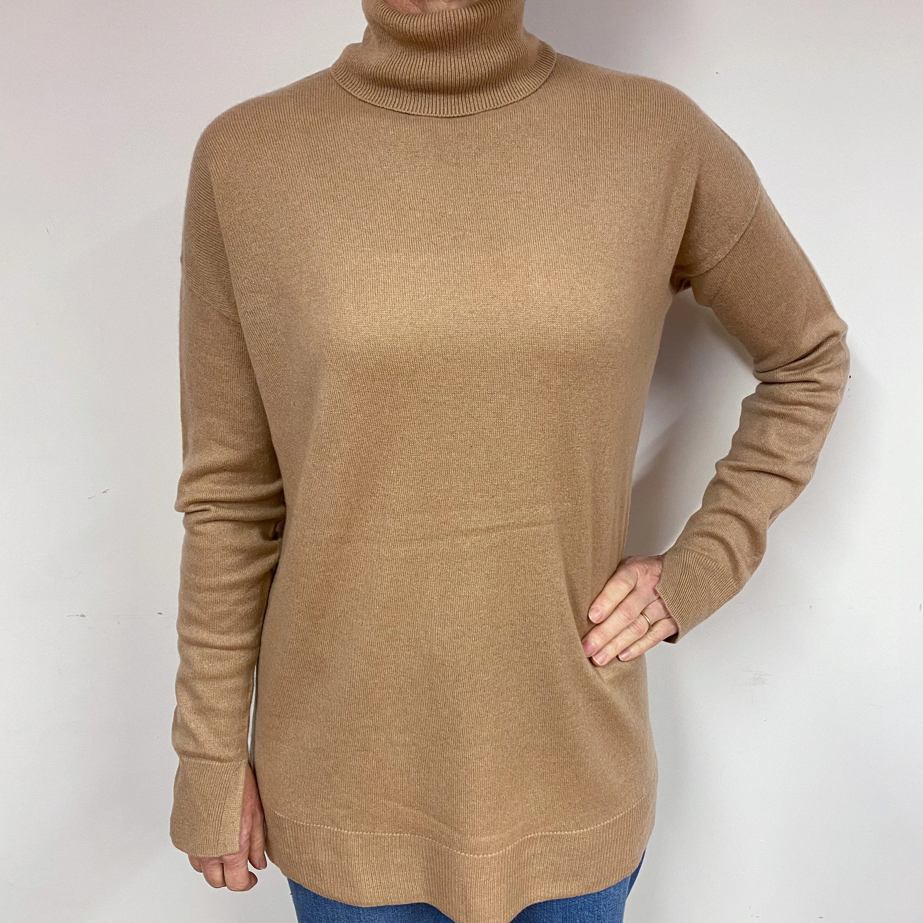 Slouchy Camel Brown Cashmere Polo Neck Jumper