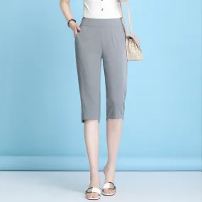 Summer High Waist Cropped Pants Ice Silk Cotton Blend Women Thin Casual Loose Straight Elastic Pants