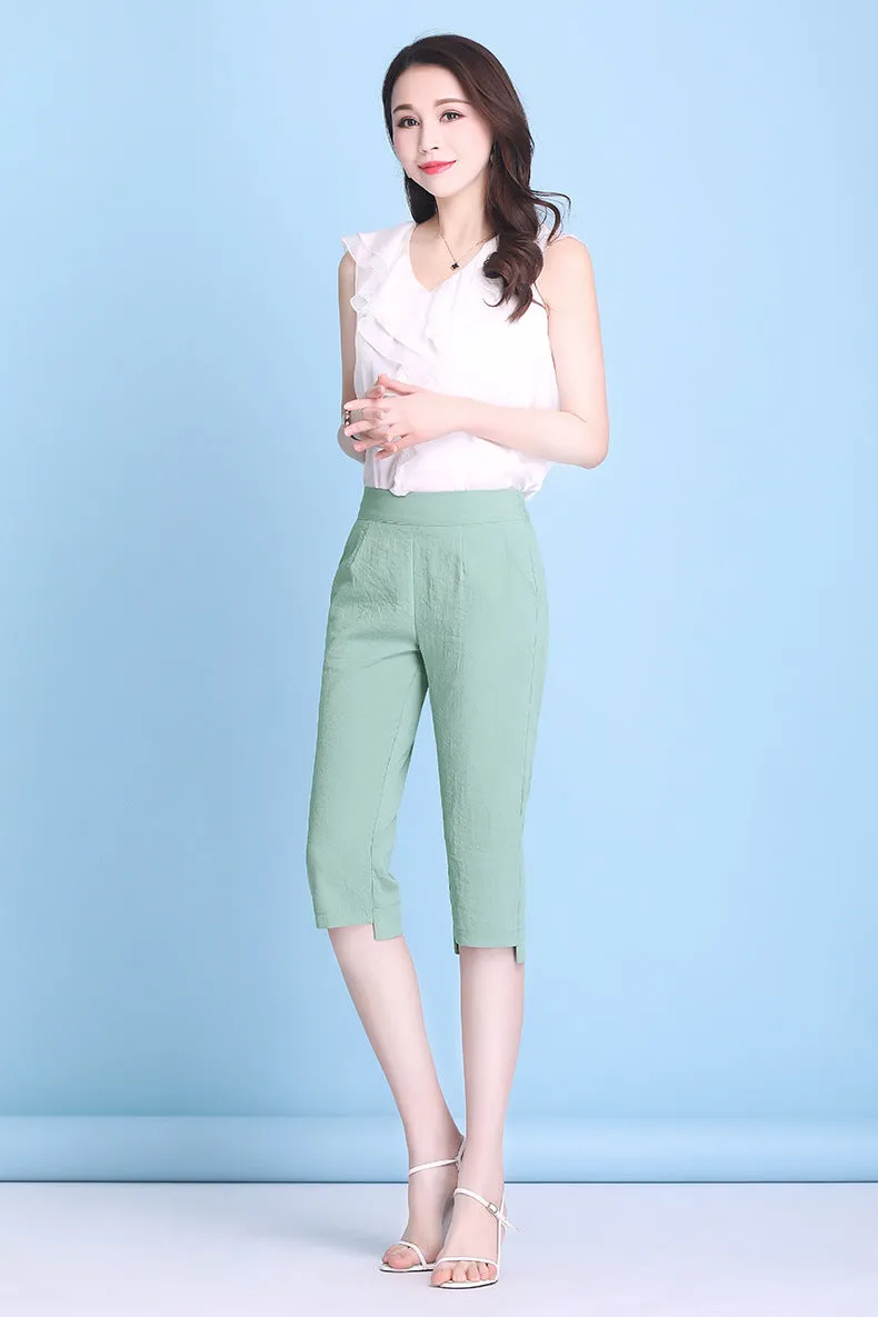 Summer High Waist Cropped Pants Ice Silk Cotton Blend Women Thin Casual Loose Straight Elastic Pants