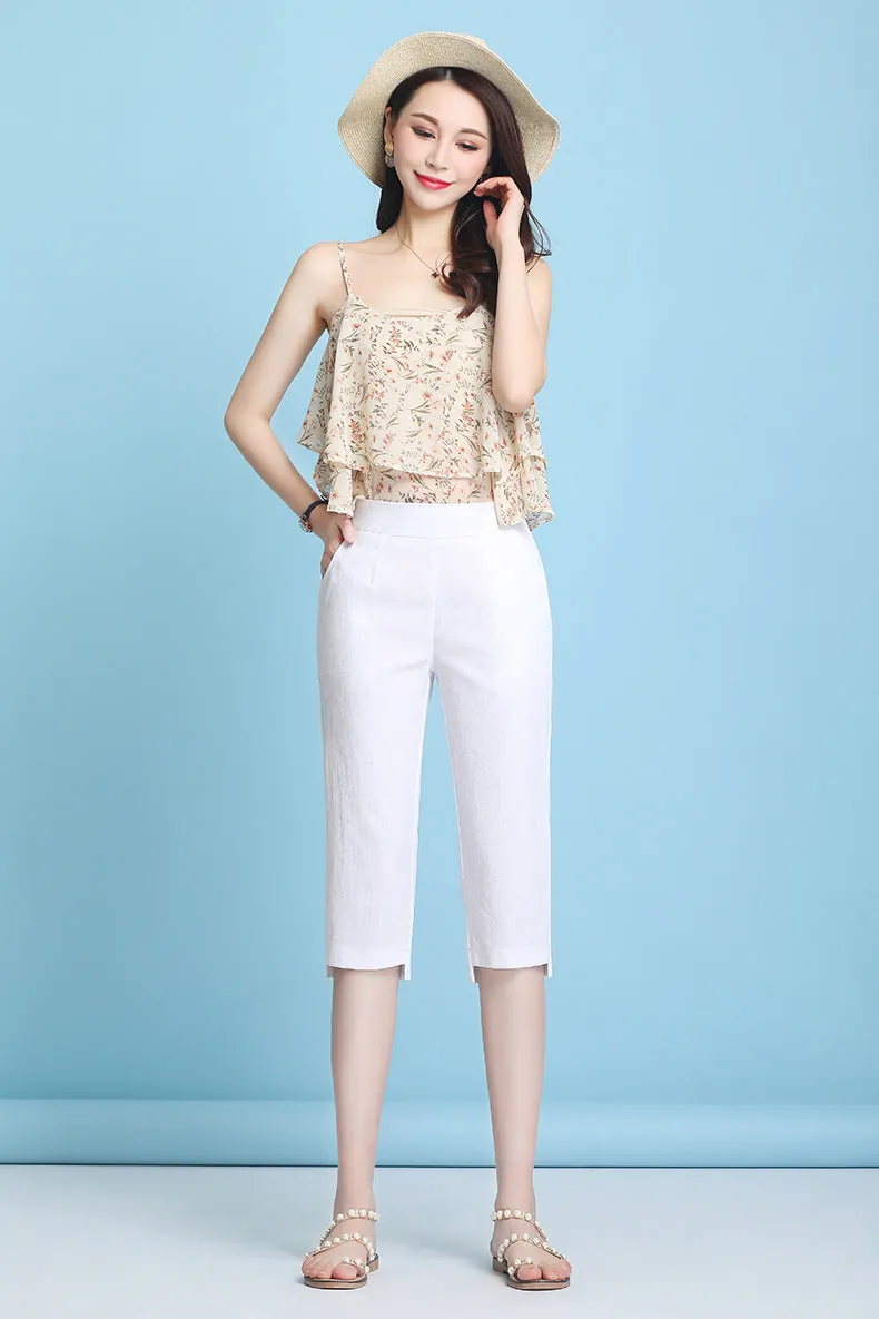 Summer High Waist Cropped Pants Ice Silk Cotton Blend Women Thin Casual Loose Straight Elastic Pants