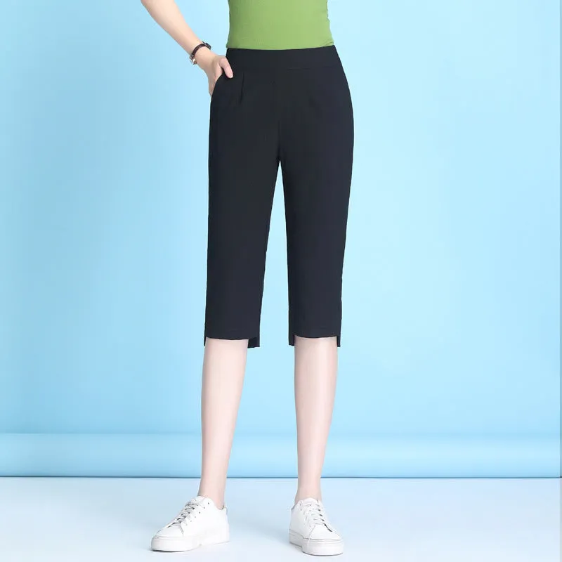 Summer High Waist Cropped Pants Ice Silk Cotton Blend Women Thin Casual Loose Straight Elastic Pants