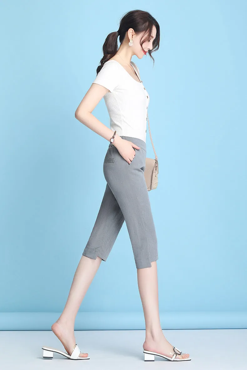 Summer High Waist Cropped Pants Ice Silk Cotton Blend Women Thin Casual Loose Straight Elastic Pants