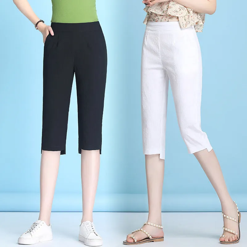 Summer High Waist Cropped Pants Ice Silk Cotton Blend Women Thin Casual Loose Straight Elastic Pants