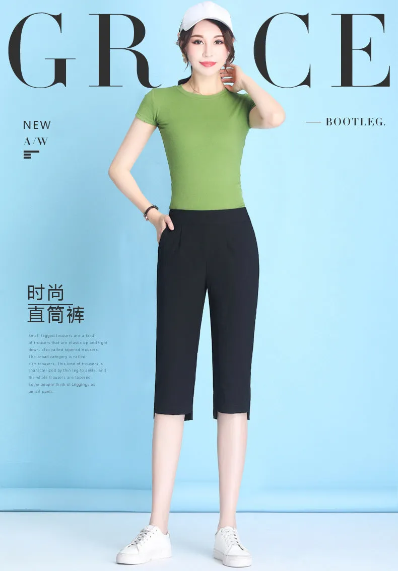 Summer High Waist Cropped Pants Ice Silk Cotton Blend Women Thin Casual Loose Straight Elastic Pants
