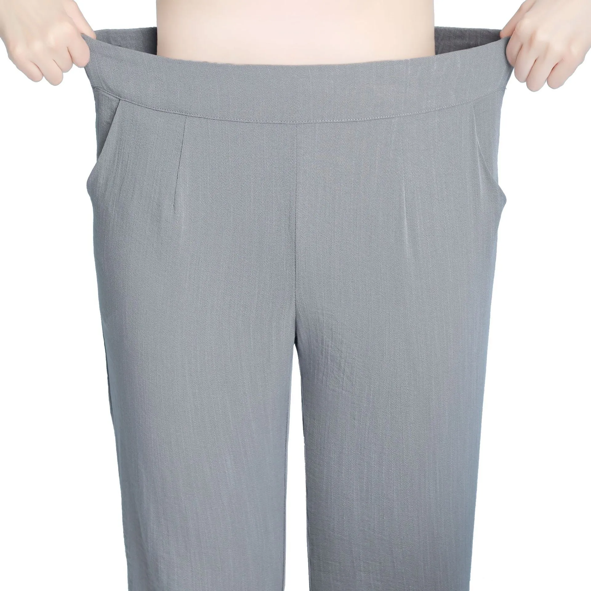 Summer High Waist Cropped Pants Ice Silk Cotton Blend Women Thin Casual Loose Straight Elastic Pants