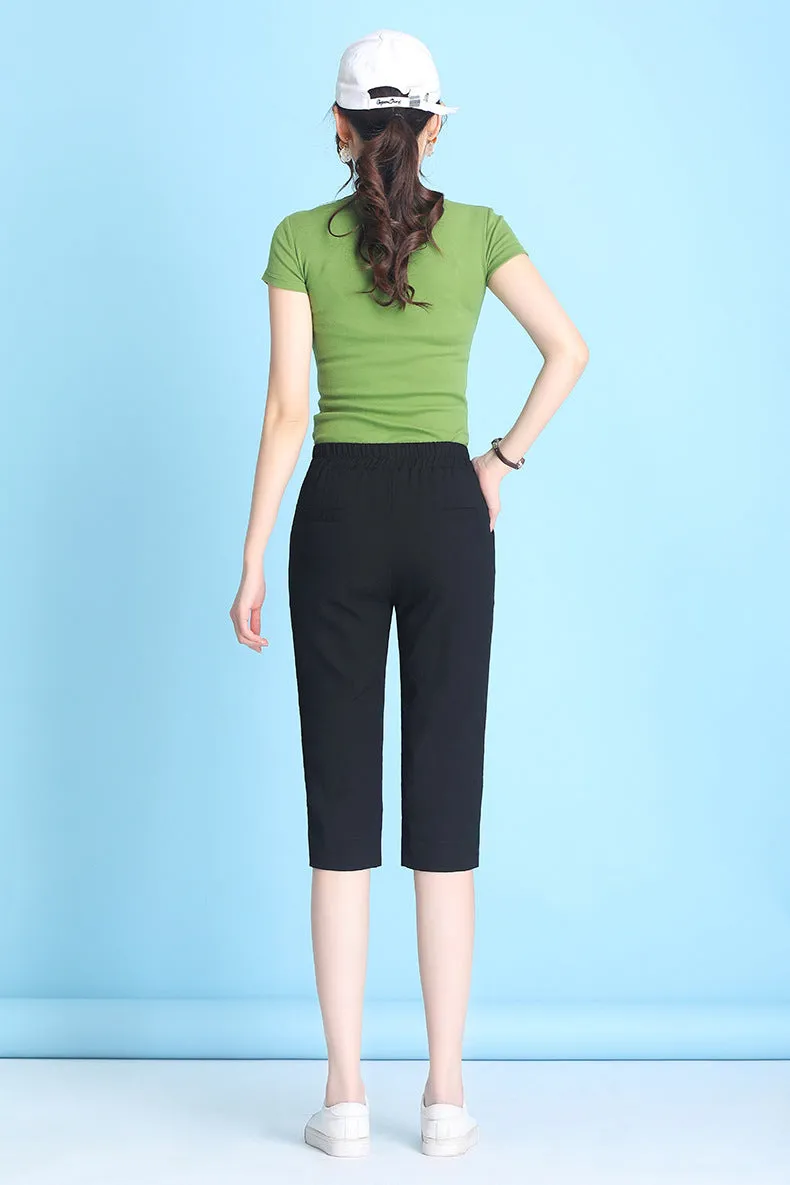Summer High Waist Cropped Pants Ice Silk Cotton Blend Women Thin Casual Loose Straight Elastic Pants