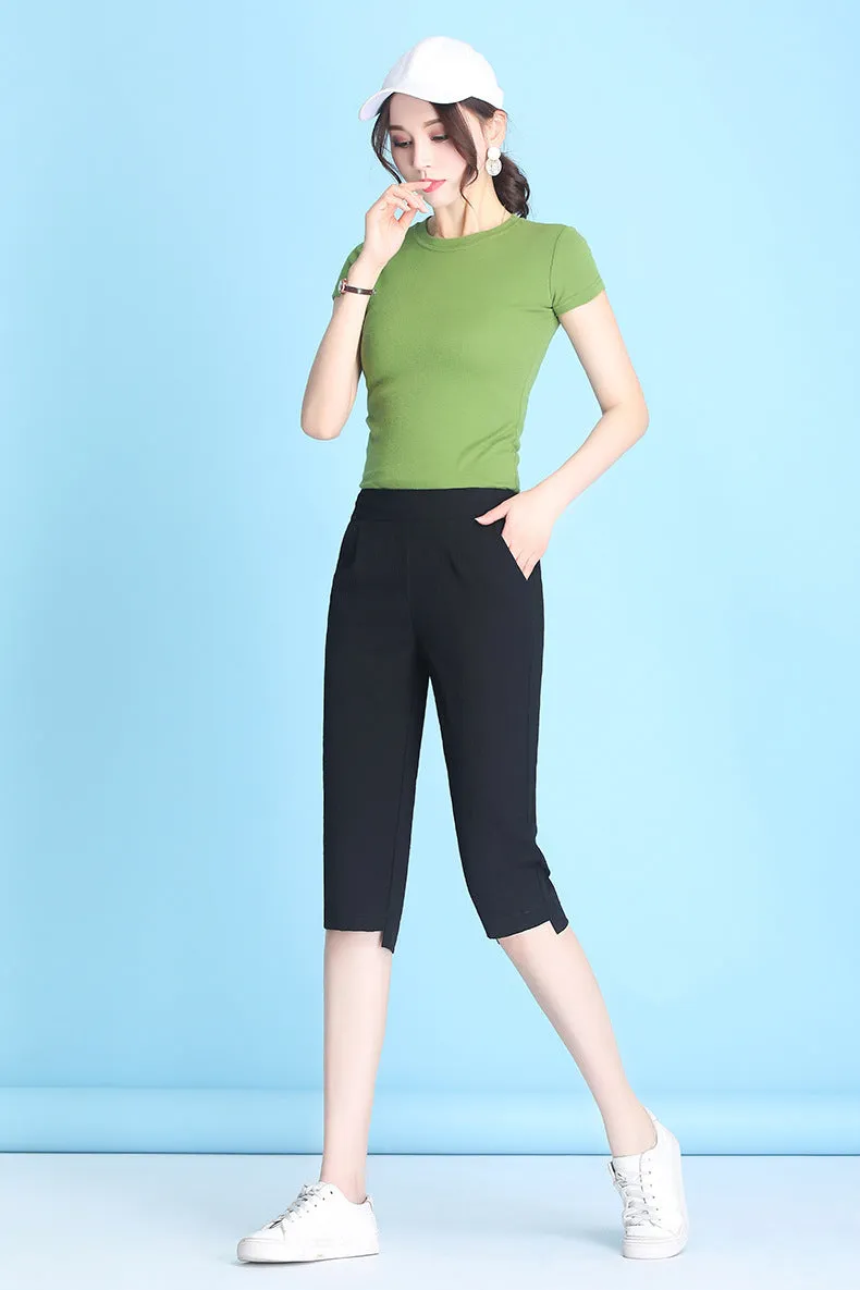 Summer High Waist Cropped Pants Ice Silk Cotton Blend Women Thin Casual Loose Straight Elastic Pants
