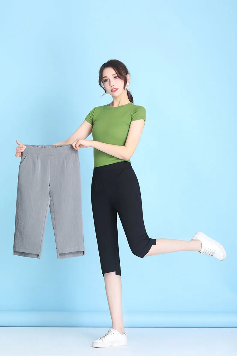 Summer High Waist Cropped Pants Ice Silk Cotton Blend Women Thin Casual Loose Straight Elastic Pants