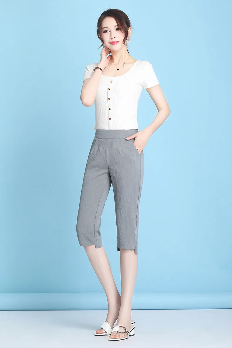 Summer High Waist Cropped Pants Ice Silk Cotton Blend Women Thin Casual Loose Straight Elastic Pants
