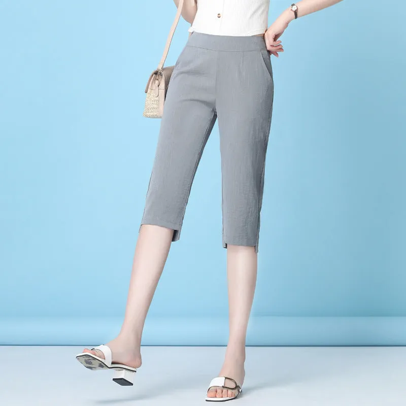 Summer High Waist Cropped Pants Ice Silk Cotton Blend Women Thin Casual Loose Straight Elastic Pants