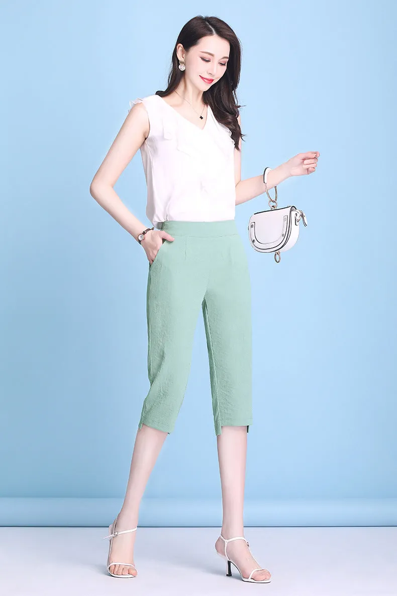 Summer High Waist Cropped Pants Ice Silk Cotton Blend Women Thin Casual Loose Straight Elastic Pants
