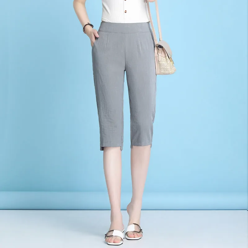 Summer High Waist Cropped Pants Ice Silk Cotton Blend Women Thin Casual Loose Straight Elastic Pants