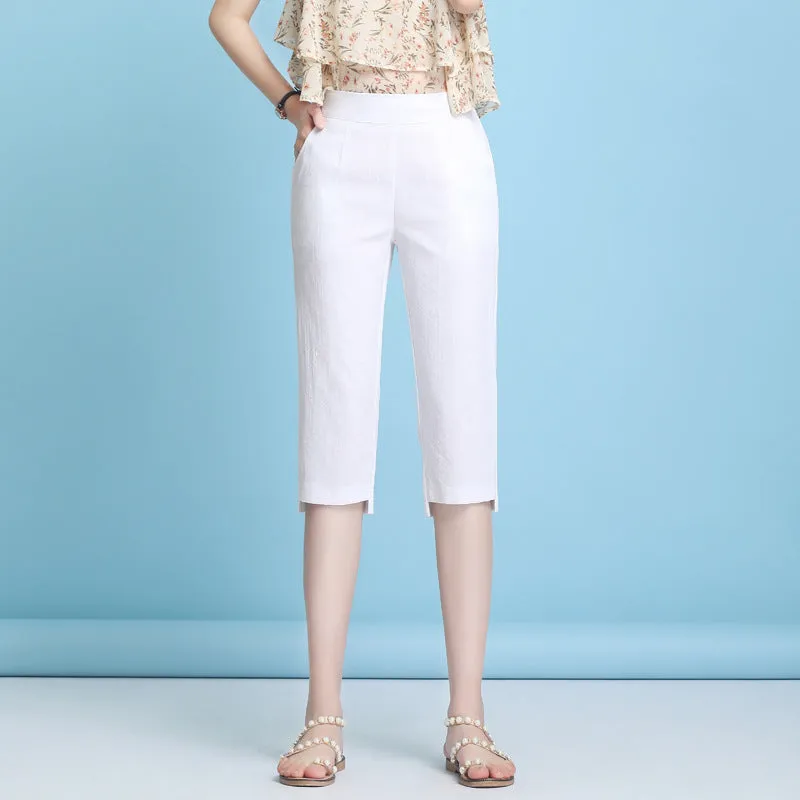 Summer High Waist Cropped Pants Ice Silk Cotton Blend Women Thin Casual Loose Straight Elastic Pants