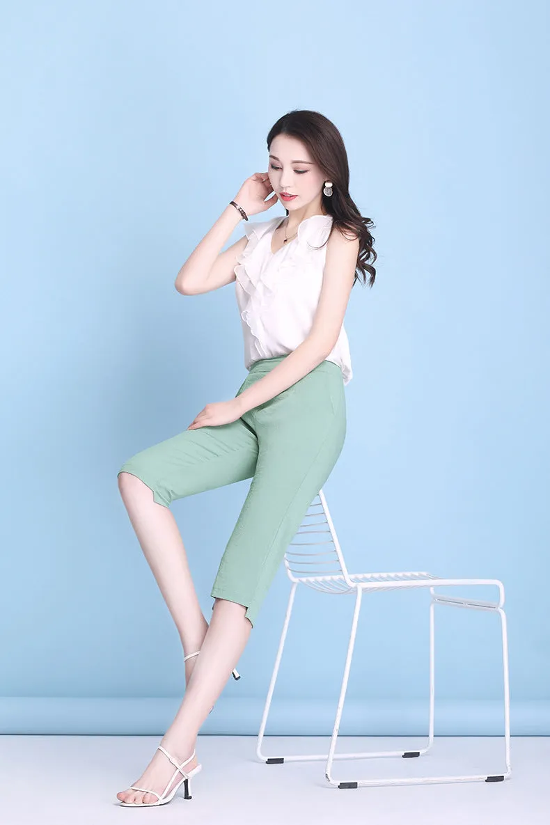 Summer High Waist Cropped Pants Ice Silk Cotton Blend Women Thin Casual Loose Straight Elastic Pants