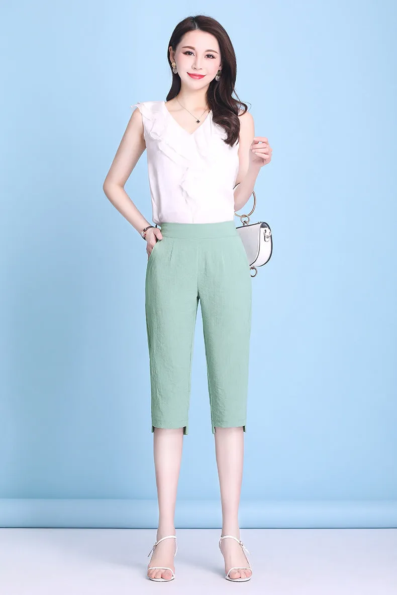 Summer High Waist Cropped Pants Ice Silk Cotton Blend Women Thin Casual Loose Straight Elastic Pants