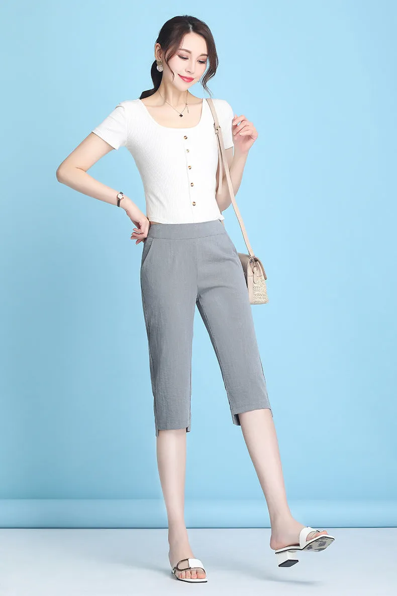 Summer High Waist Cropped Pants Ice Silk Cotton Blend Women Thin Casual Loose Straight Elastic Pants