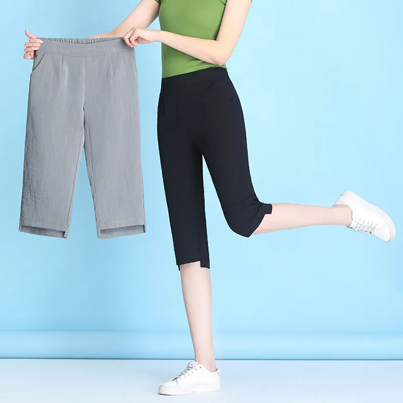Summer High Waist Cropped Pants Ice Silk Cotton Blend Women Thin Casual Loose Straight Elastic Pants