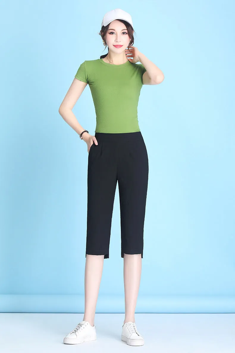 Summer High Waist Cropped Pants Ice Silk Cotton Blend Women Thin Casual Loose Straight Elastic Pants