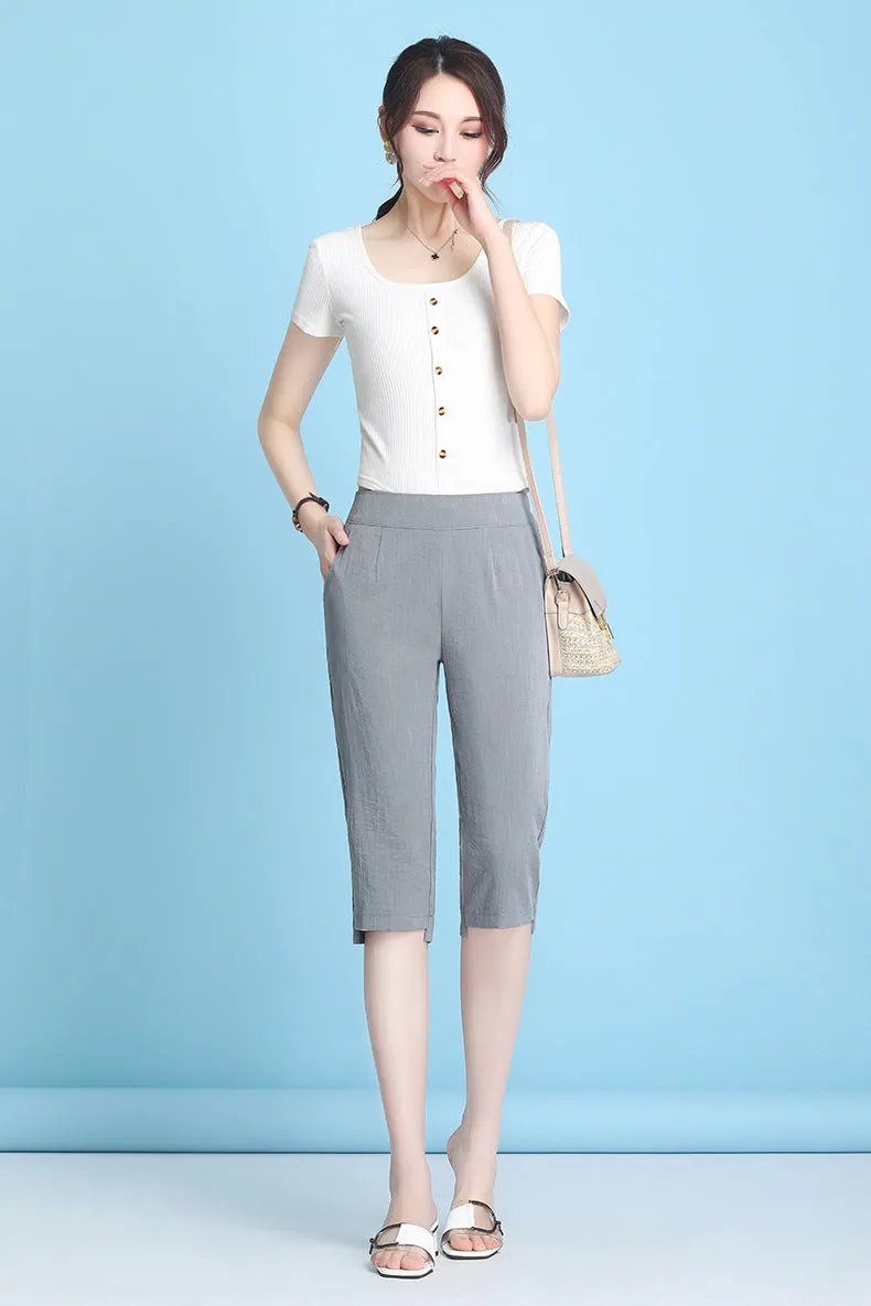 Summer High Waist Cropped Pants Ice Silk Cotton Blend Women Thin Casual Loose Straight Elastic Pants