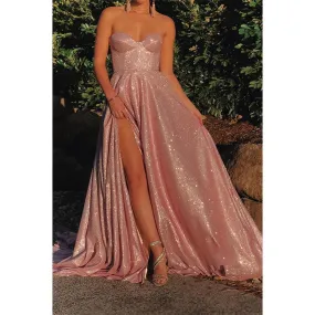 Sweetheart High Leg Split Pink Prom Dress Glitter