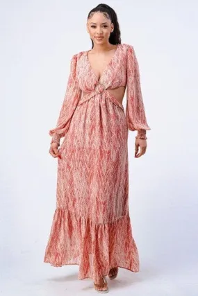 Terracotta Red V Neck Self Belted Side Cut Out Ruffled Long Sleeve Maxi Cocktail Club Party Evening Dress