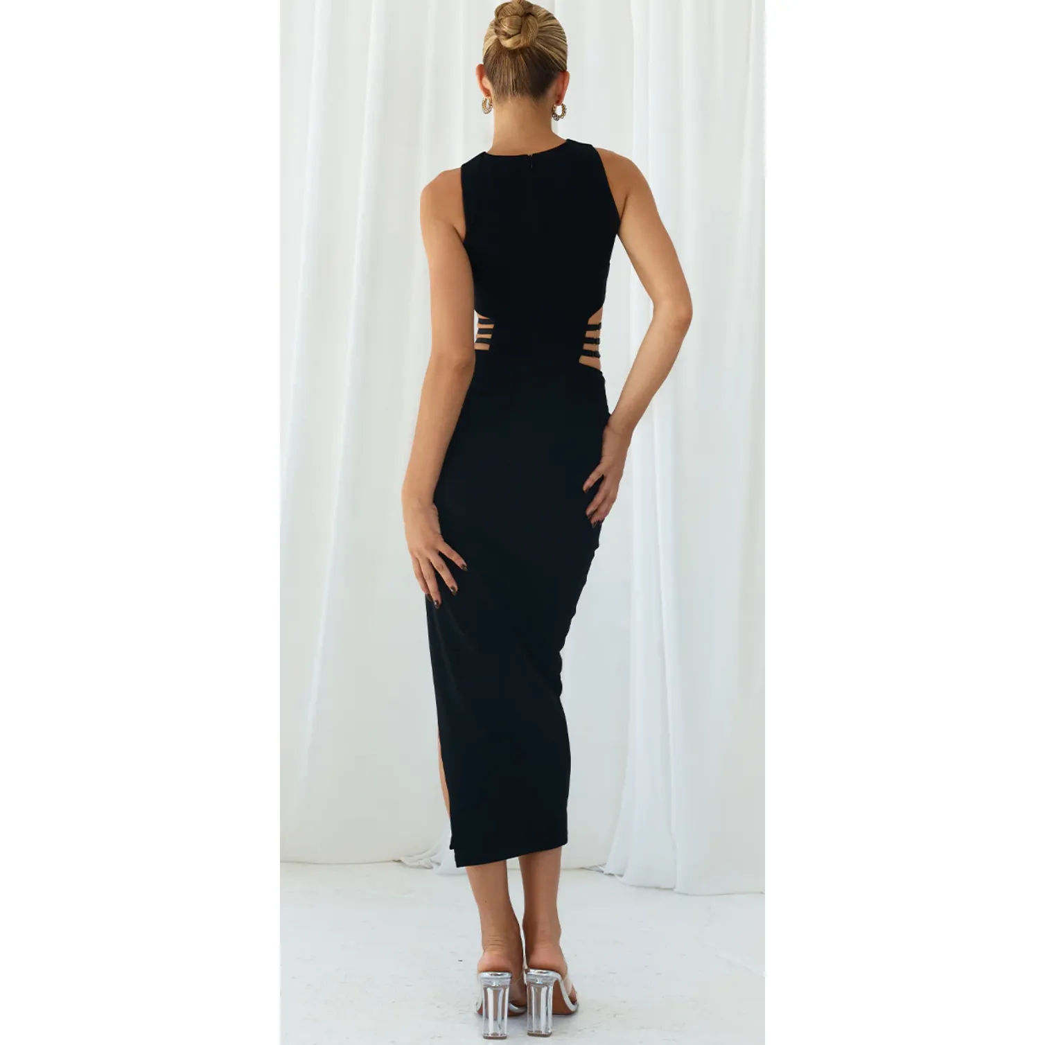 The Electra Black Open Waist Modern Midi Dress