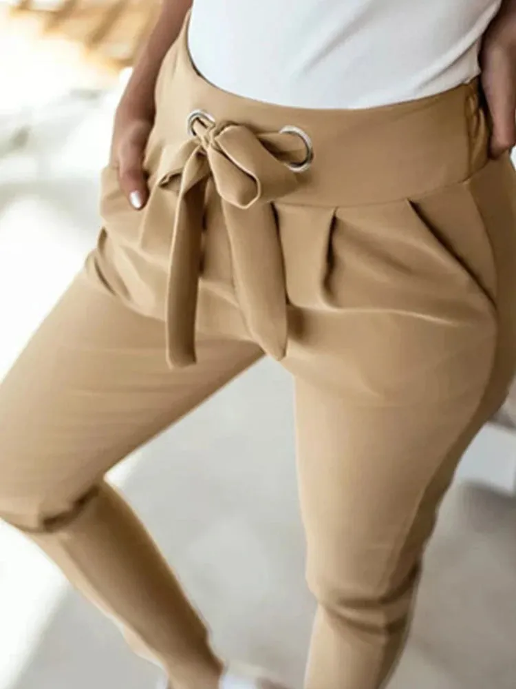 Tie Belt Pockets Elastic High Waist Slim Pencil Pants