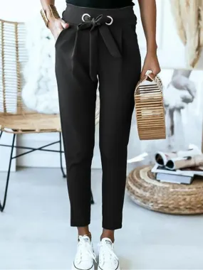 Tie Belt Pockets Elastic High Waist Slim Pencil Pants
