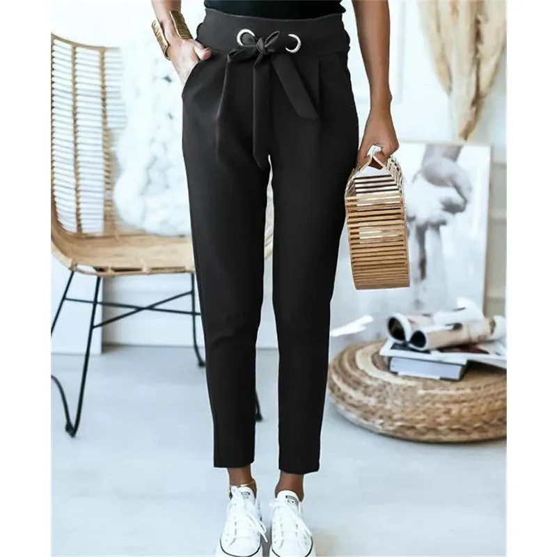 Tie Belt Pockets Elastic High Waist Slim Pencil Pants