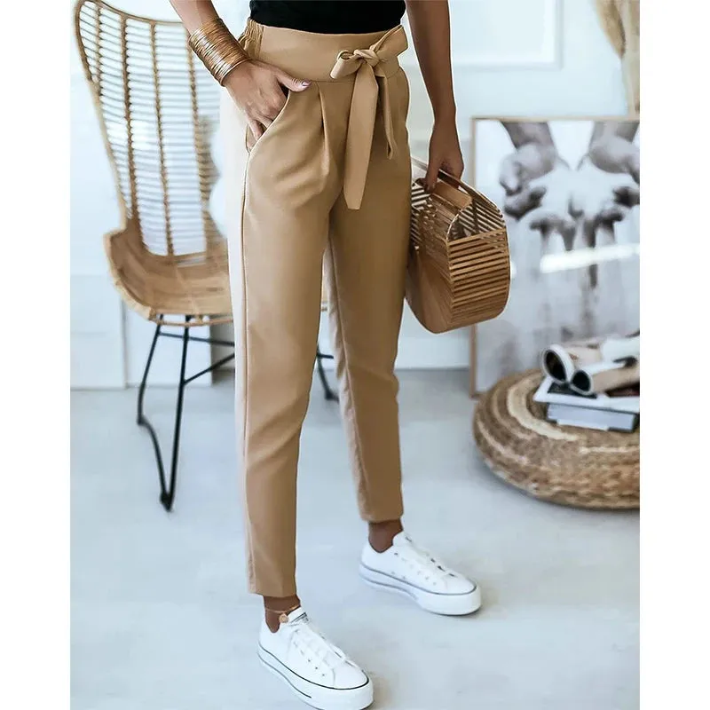 Tie Belt Pockets Elastic High Waist Slim Pencil Pants