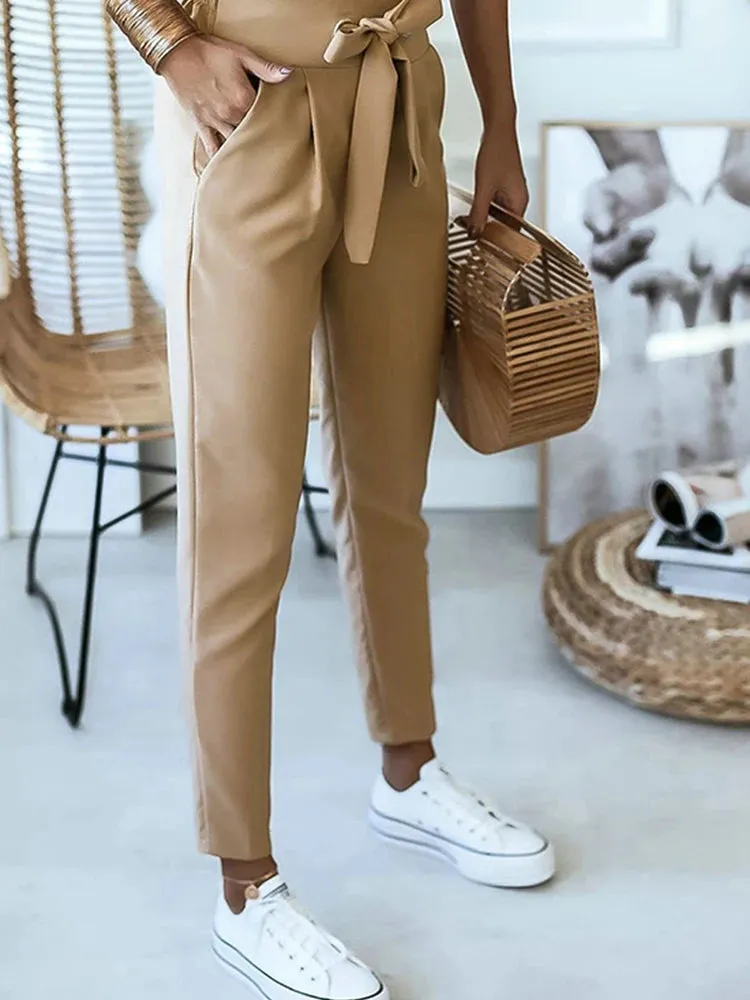 Tie Belt Pockets Elastic High Waist Slim Pencil Pants