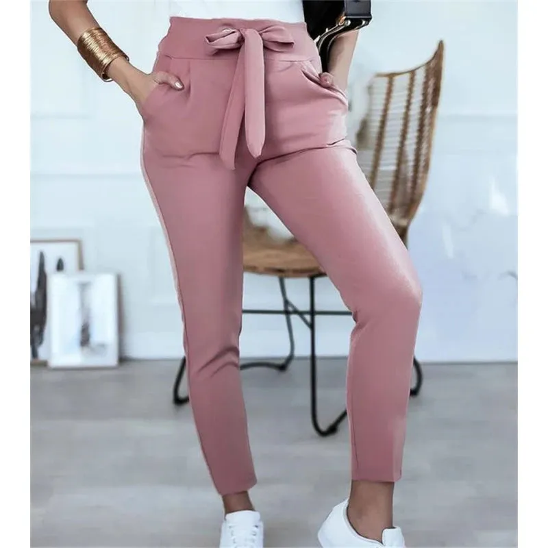 Tie Belt Pockets Elastic High Waist Slim Pencil Pants