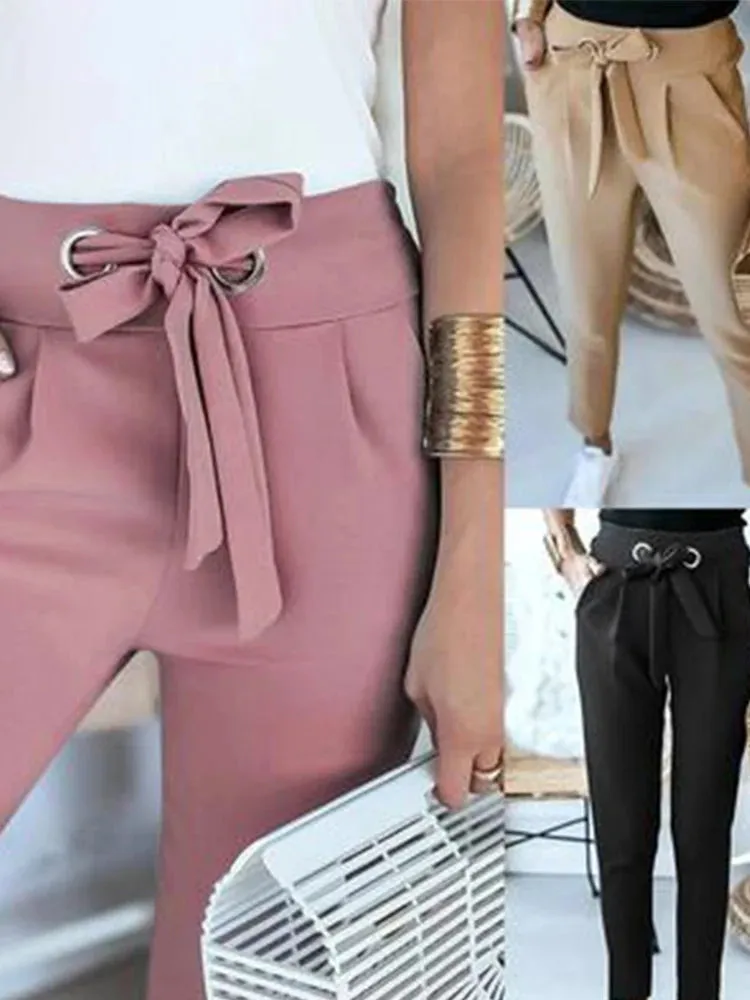 Tie Belt Pockets Elastic High Waist Slim Pencil Pants