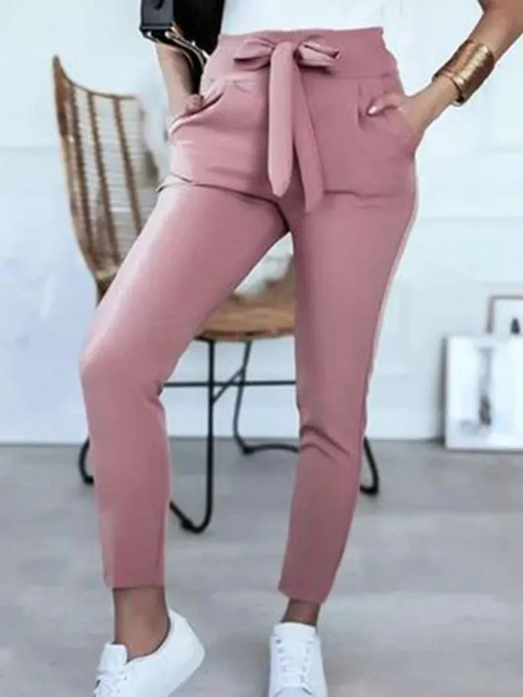 Tie Belt Pockets Elastic High Waist Slim Pencil Pants