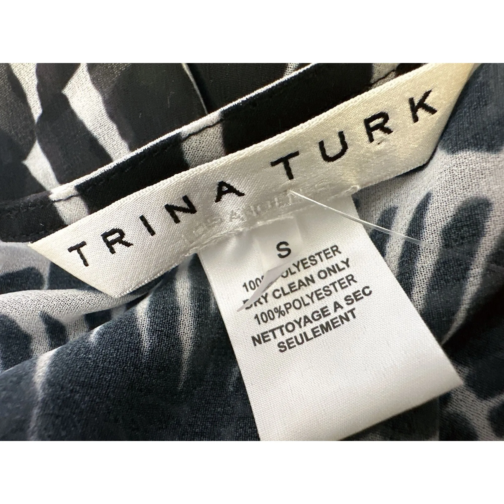 Trina Turk Black & White Sheer Blouse w/Bold Circular Print & Tassel Hem Size S