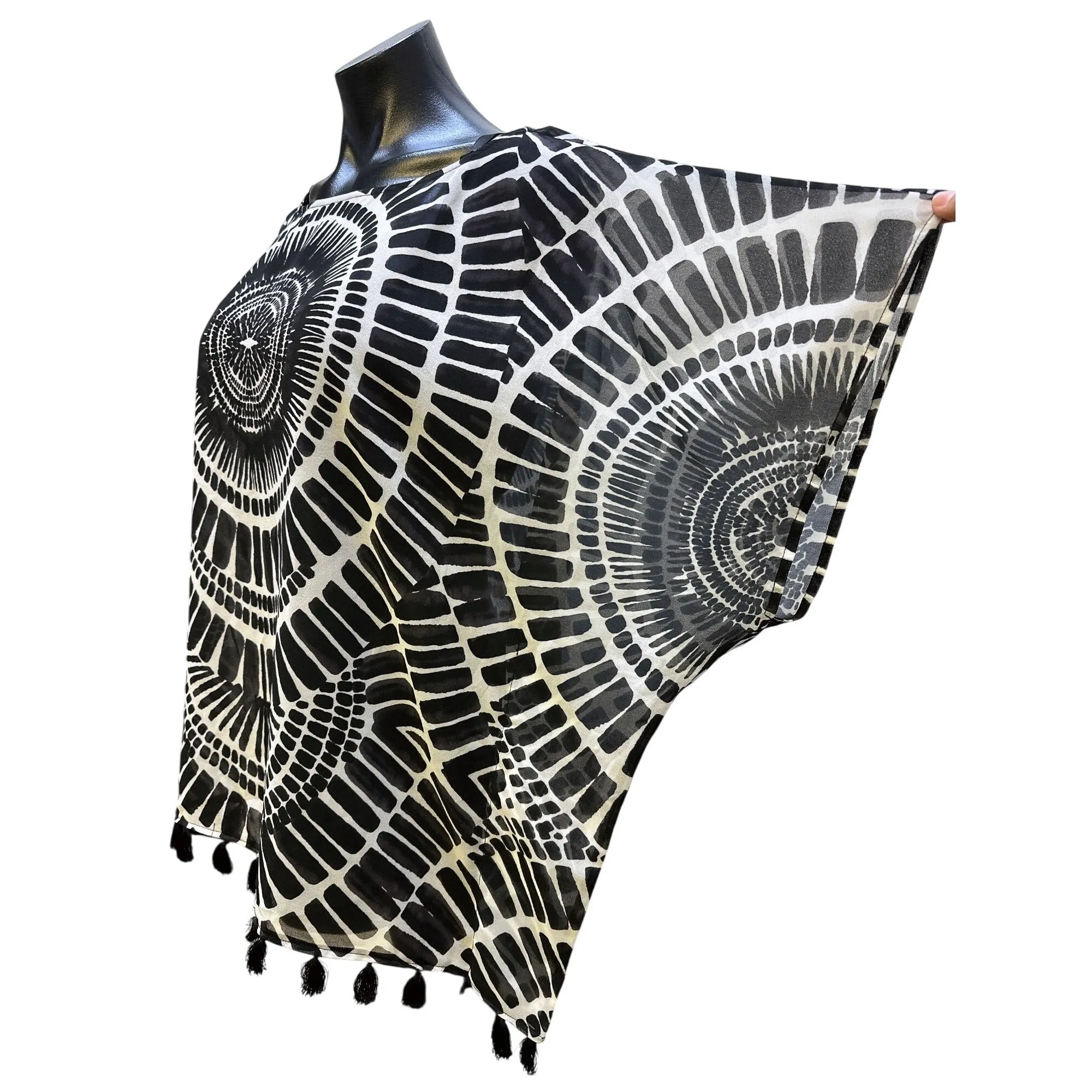 Trina Turk Black & White Sheer Blouse w/Bold Circular Print & Tassel Hem Size S