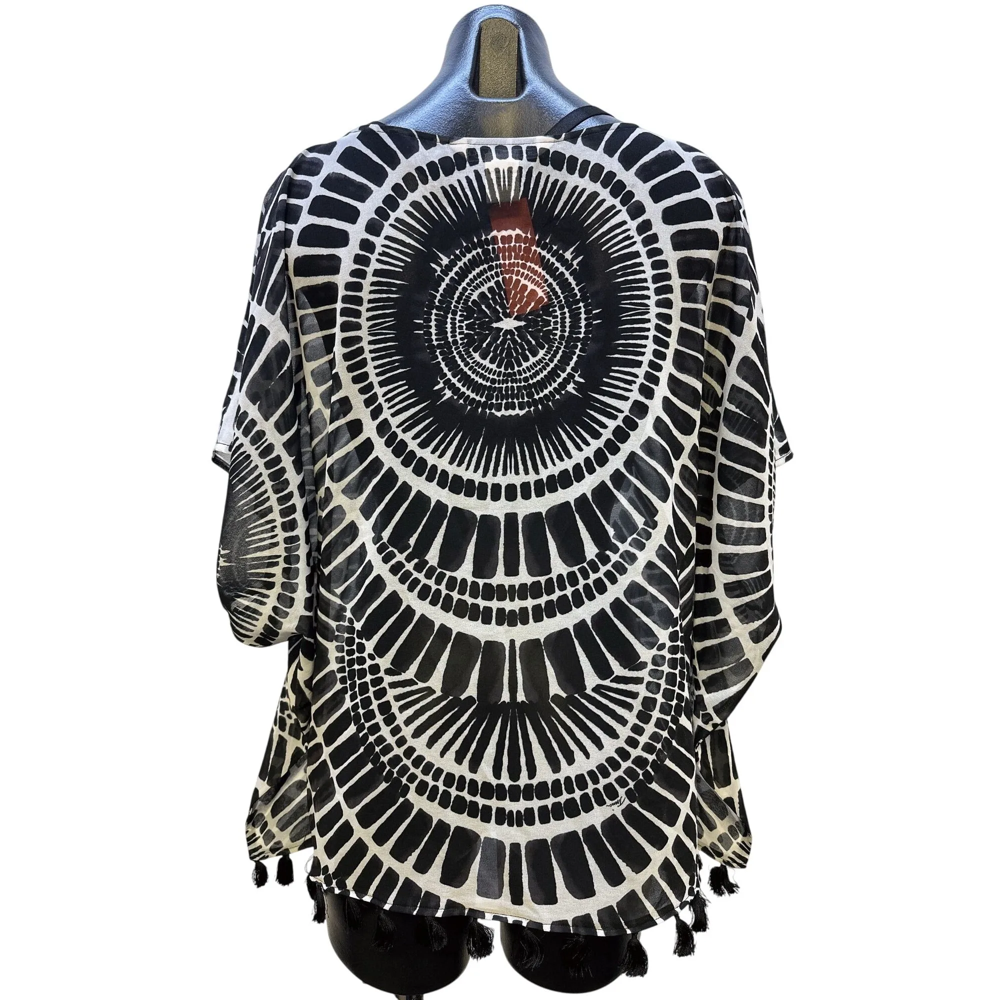 Trina Turk Black & White Sheer Blouse w/Bold Circular Print & Tassel Hem Size S