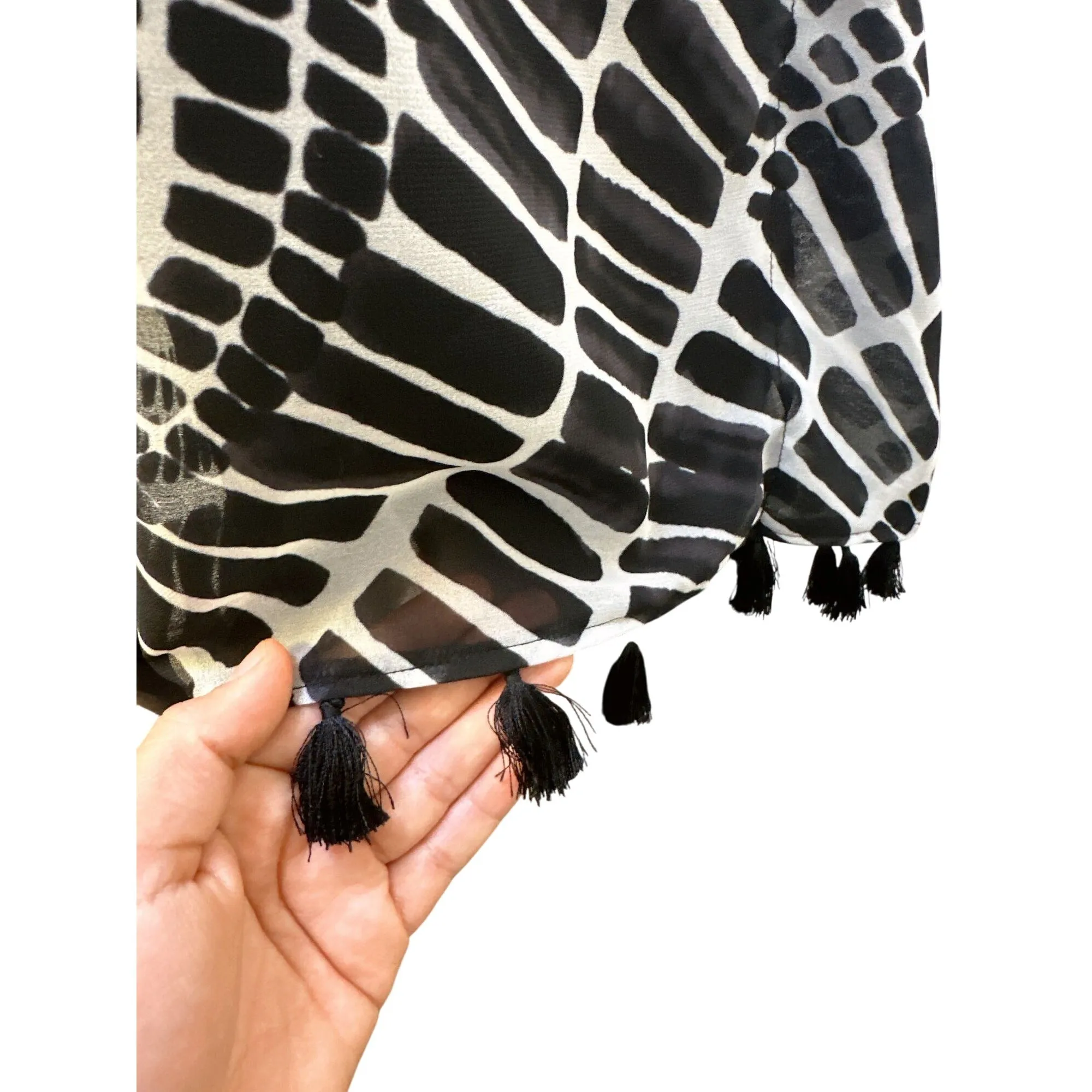 Trina Turk Black & White Sheer Blouse w/Bold Circular Print & Tassel Hem Size S