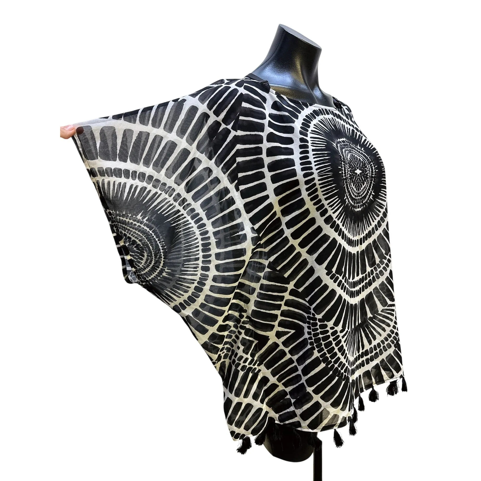 Trina Turk Black & White Sheer Blouse w/Bold Circular Print & Tassel Hem Size S
