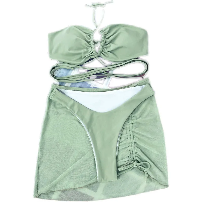 Two Piece Set Split Swimsuit High Waist Skirt Cover with Breast Pad Bikini Top