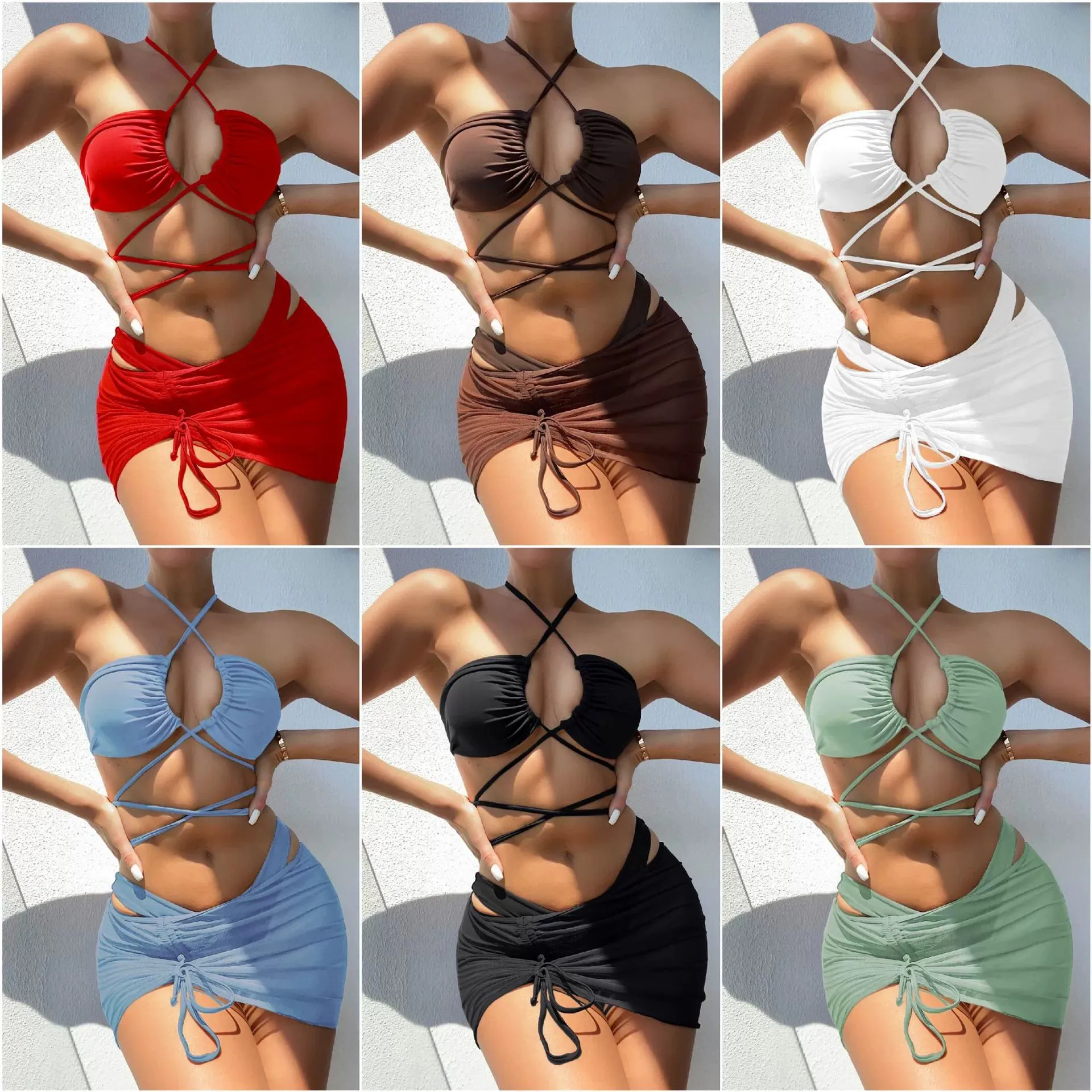 Two Piece Set Split Swimsuit High Waist Skirt Cover with Breast Pad Bikini Top