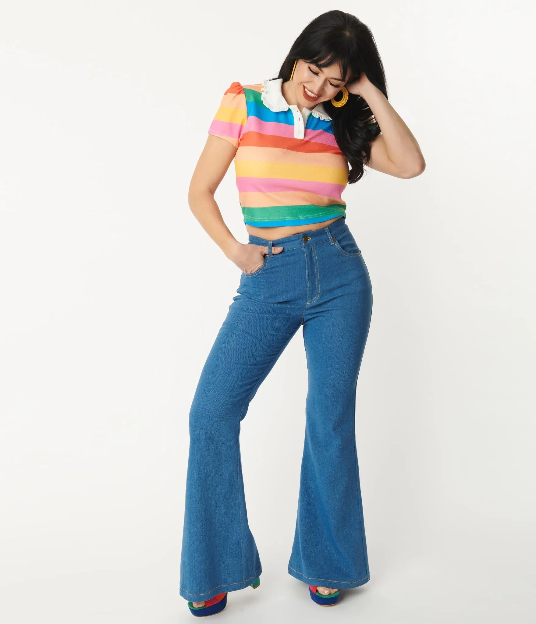 Unique Vintage Rainbow Embroidered Bellbottom Jeans