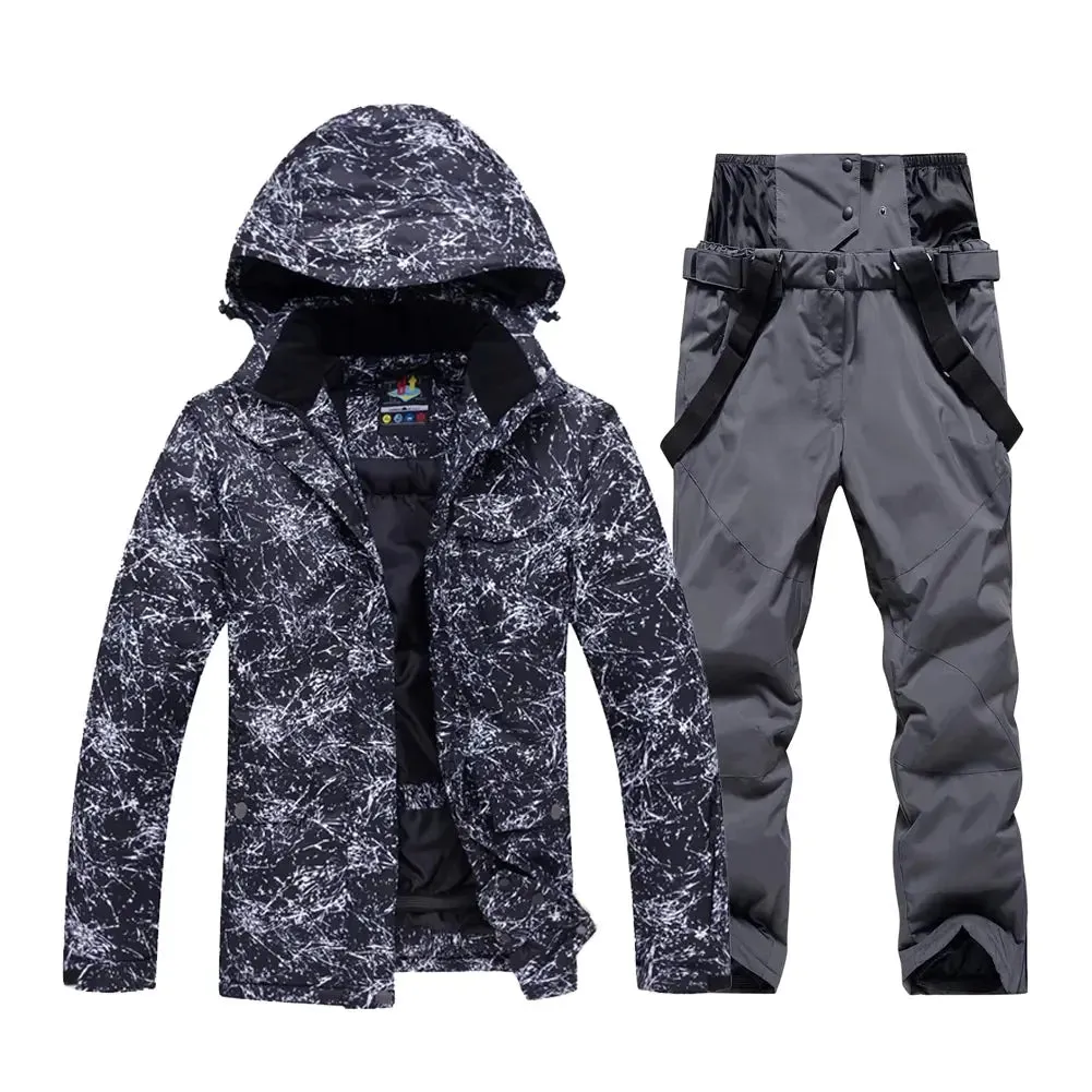 Unisex Snowboard Ski Jacket and Pants Set Marble Pattern