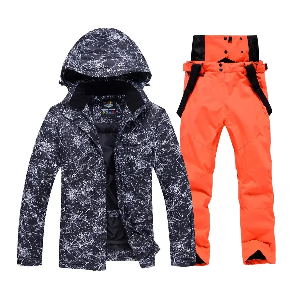 Unisex Snowboard Ski Jacket and Pants Set Marble Pattern