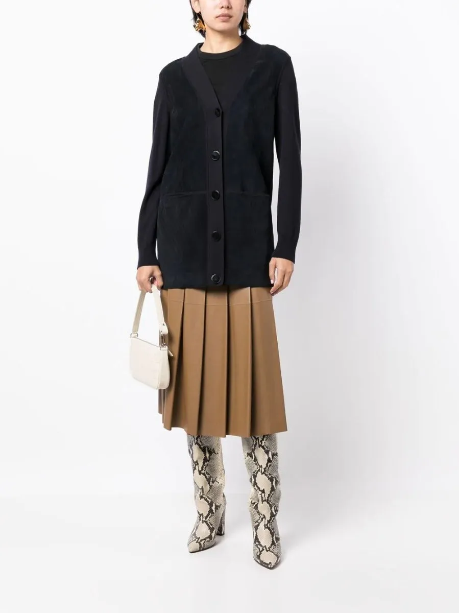 V-neck Suede Navy Cardigan