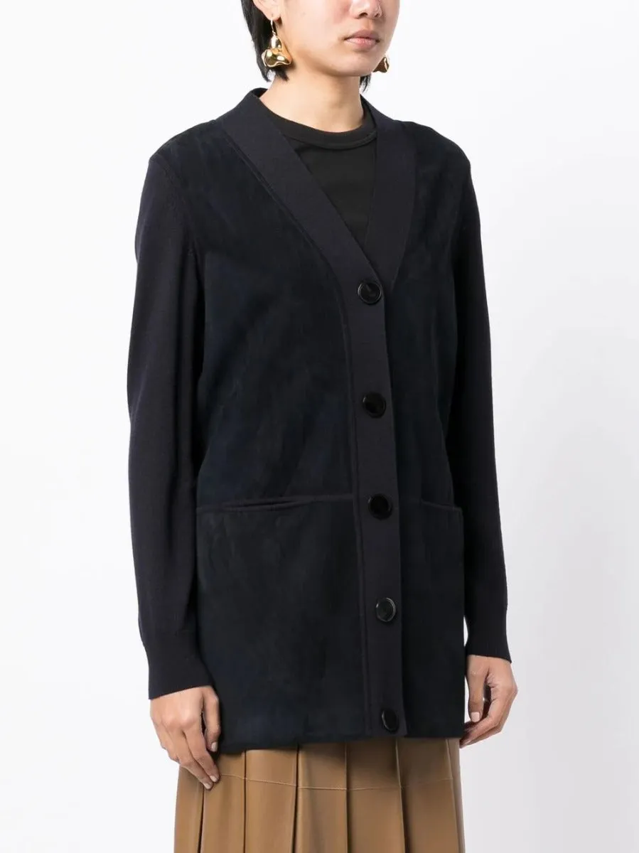 V-neck Suede Navy Cardigan