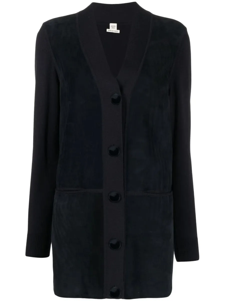 V-neck Suede Navy Cardigan